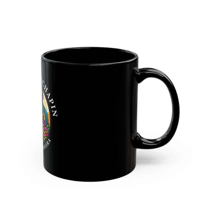 Taza Negra Mercadito Chapín — Diseño Colorido de Mujer Maya ‘Eterna Primavera’ (11 oz)