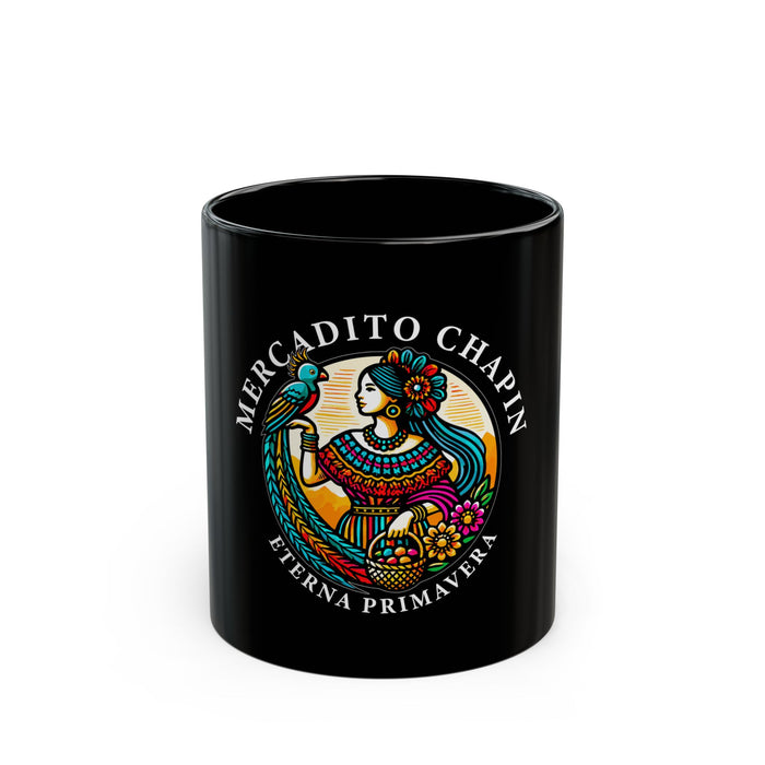Taza Negra Mercadito Chapín — Diseño Colorido de Mujer Maya ‘Eterna Primavera’ (11 oz)