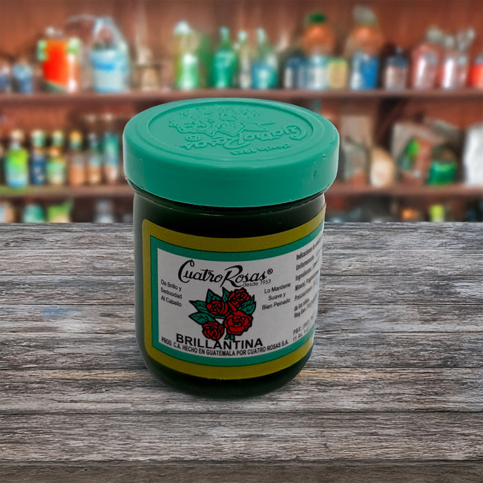 Brillantina Cuatro Rosas – Brillo y Sedosidad para el Cabello (Tarro Verde Oscuro)